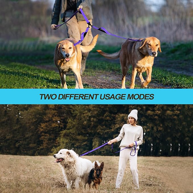 PetBonus Double Dog Leash, No Tangle Dual Leash, Reflective Walking Training Lead, 4 Comfortable Padded Handles for 2 Dogs with Collapsible Bowl and Waste Bags (Purple, Large)