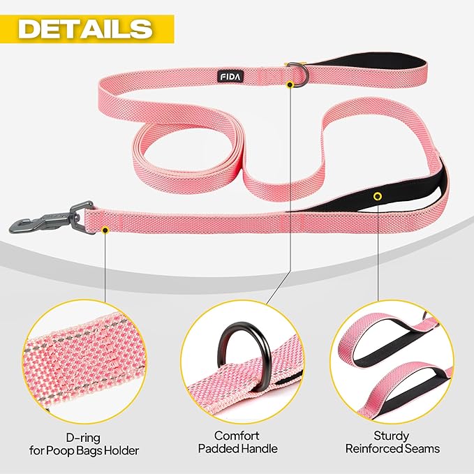 Fida 10ft Heavy Duty Dog Leash with 2 Comfortable Padded Handles, Traffic Handle & Advanced Easy Snap Hook, Reflective Walking Lead for Large, Medium & Small Breed Dogs, Pink