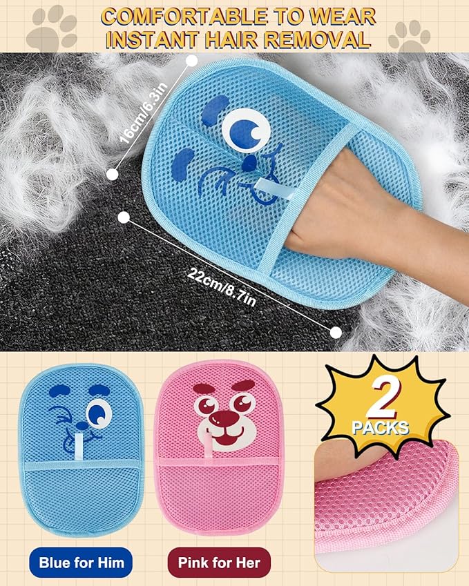 2 PCs Pet Hair Removal Gloves for Dogs & Cats, Cute Upgraded Reusable Electrostatic Pet Hair Remover Glove, Pet Hair Cleaning Tool for Furniture, Couch, Car Seat, Clothing