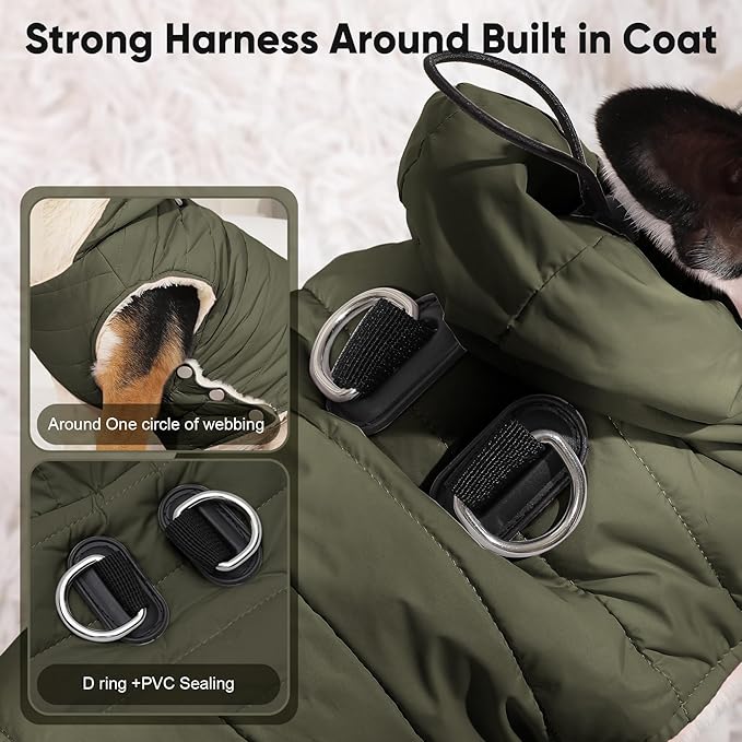 Fleece Lining Dog Hoodie with Harness Built in,Extra Warm Large Dog Jacket in Winter Doggie Coats with Drawstring Hooded,Green XXL