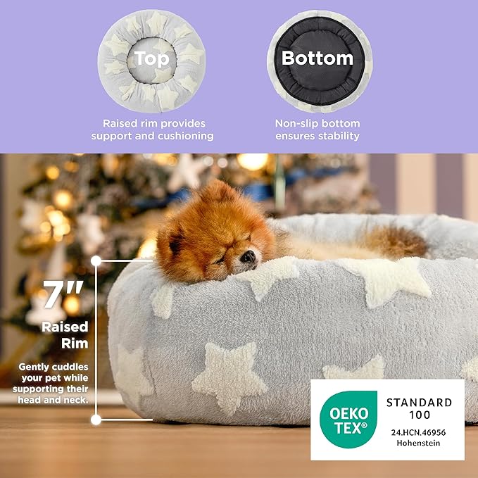 LE SURE Donut Small Dog Bed - Round Cat Beds Indoor Anti-Anxiety Calming Gift for Pets, Washable Cute Modern Beds with Jacquard Shaggy Plush & Anti Slip Bottom, 23 Inch, Christmas Grey