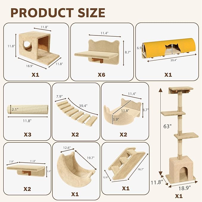 20-in-1 Cat Wall Shelves, Wall Mounted Pet Furniture w/Plush Fabric, Cat Climbing Wall System, 63'' Cats Tower w/Scratching Posts, Cats Shelf with 40''L Tunnel, Condos, House, Step and Ladder