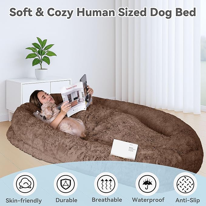 71"x44"x12.5" Human Dog Bed for Adult Faux Fur Washable Human Dog Bed Portable Handle, Egg Orthopedic Foam Human Bed Extra Large with Present Blanket Brown