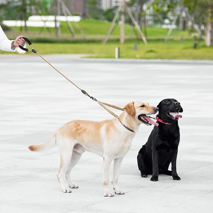 iYoShop Dual Dog Leash - 360° Swivel, No Tangle Walking Leash with Shock Absorbing Bungee for Two Dogs (Large, 25-150 lbs, Khaki)