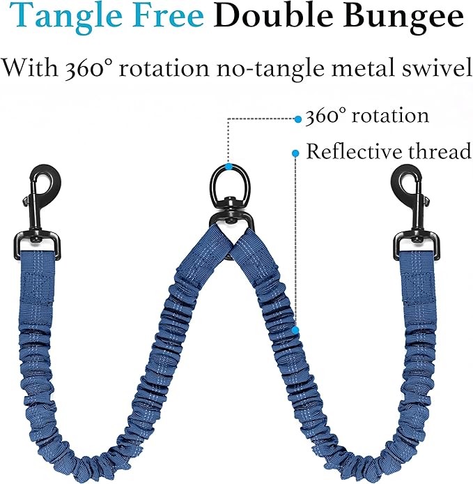 iYoShop Dual Dog Leash - 360° Swivel, No Tangle Walking Leash with Shock Absorbing Bungee for Two Dogs (Large, 25-150 lbs, True Navy)