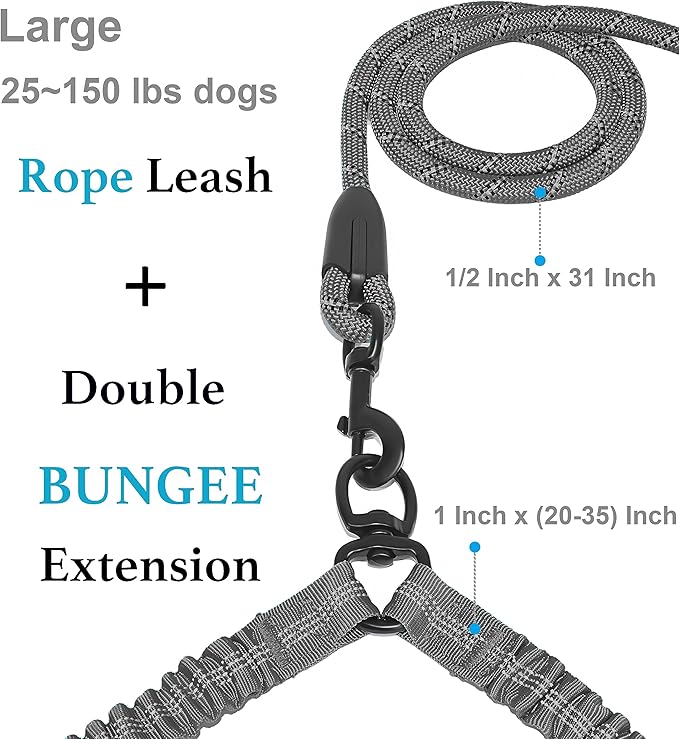 iYoShop Dual Dog Leash - 360° Swivel, No Tangle Walking Leash with Shock Absorbing Bungee for Two Dogs (Large, 25-150 lbs, Grey)