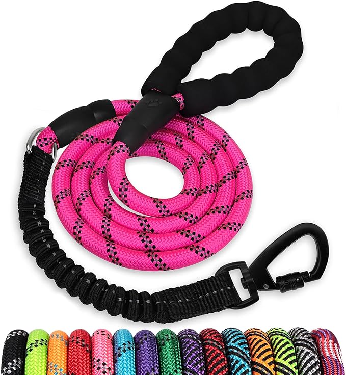 Rope Dog Leash 6 FT: Heavy Duty Leashes with Swivel Lockable Hook Reflective Threads Bungee and Padded Handle - Dog Lead for Large Small Medium Dogs Outside Walking Hiking Pink