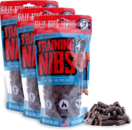 Bully Boy's Famous Beef Training Nibs Dog Treats | Free from Wheat, Corn, Soy, or Gluten | USA Sourced Ingredients | with Smokehouse Beef | Made in Utah | 15 oz - 3 Pack