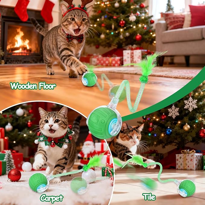 Interactive Cat Toy Ball - Christmas Cat Toys for Indoor Cats with Feather Tails for Chasing, Moving Stimulation Smart Cat Toy for Enrichment, Motion Activated Automatic Rolling Toys to Keep Them Busy