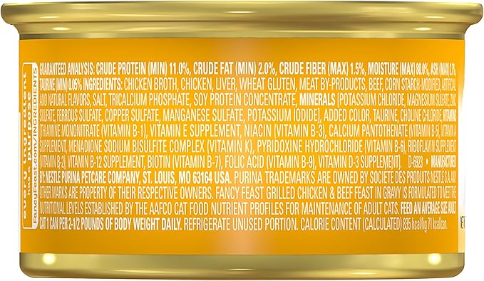Purina Fancy Feast Grilled Wet Cat Food, Grilled Chicken & Beef Feast in Gravy, Wet Cat Food with No Artificial Preservatives or Colors, 3 OZ Can (Pack of 12)