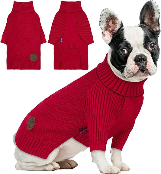 cyeollo Dog Christmas Sweaters for Small Dogs Boy, Pullover Turtleneck for Dogs Female, Knitted Doggy Fall Winter Warm Cold Weather Dog Clothes Apparel with Sleeves, Red L