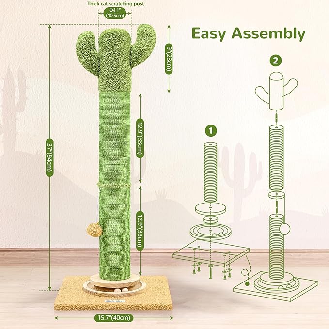 Globlazer Extra Thick Scratching Posts for Indoor Large Cats Adults, 37inch Cactus Cat Scratching Post Cat Scratcher Cute Sisal Scratching Post with Modern Wooden Ball Tracking Interactive Toys, SC37