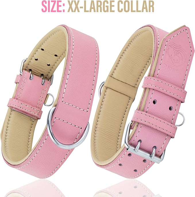 Riparo Genuine Leather Pink Dog Collar Heavy Duty K-9 Adjustable Dog Collar (L: 1.5" Wide for 17"-21" Neck, Pink)
