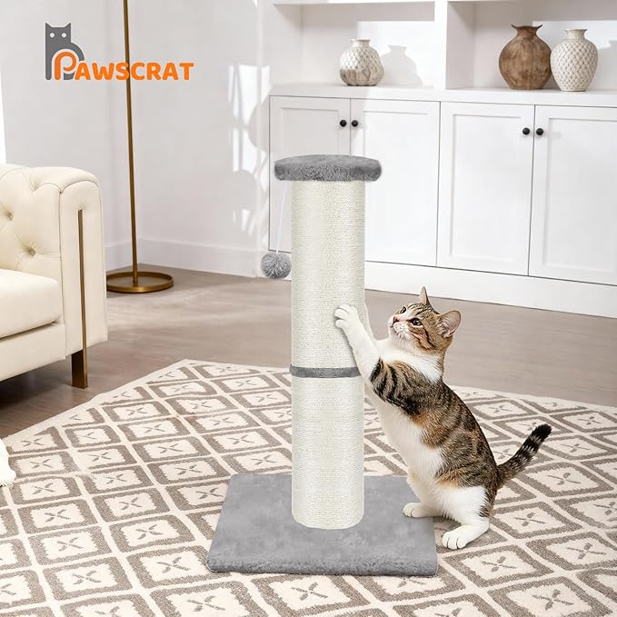 PAWSCRAT Cat Scratching Post 32" Tall, Large Diameter Natural Sisal Cat Scratch Post with Dangling Ball, Scratch-Resistant and Durable for Indoor Cats, Protect Your Furniture, LightGrey