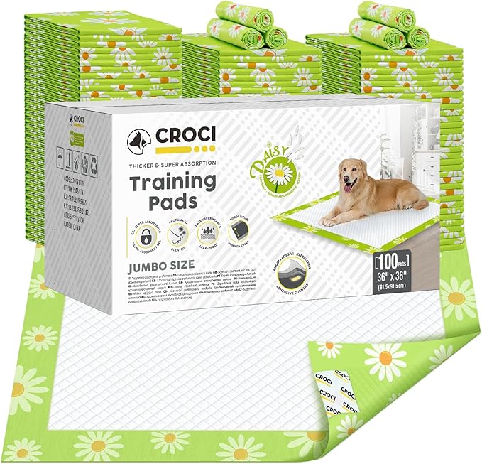 CROCI Dog Pads Extra Large 36x36in Daisy Pattern, Puppy Pads with Adhesive Tabs Super Absorbent Up to 11 Cups, Leak-Poof & Quick Dry Disposable (100 Counts)