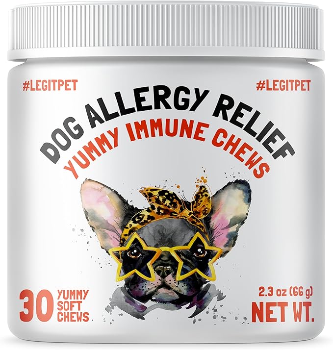 Allergy Relief Chews for Dogs & Immune & Digestive Supplement with Wild Salmon Oil Kelp Colostrum Turmeric Probiotics & Bee Pollen for Seasonal Allergies Anti Itch, Skin Hot Spots 30 Soft Treats