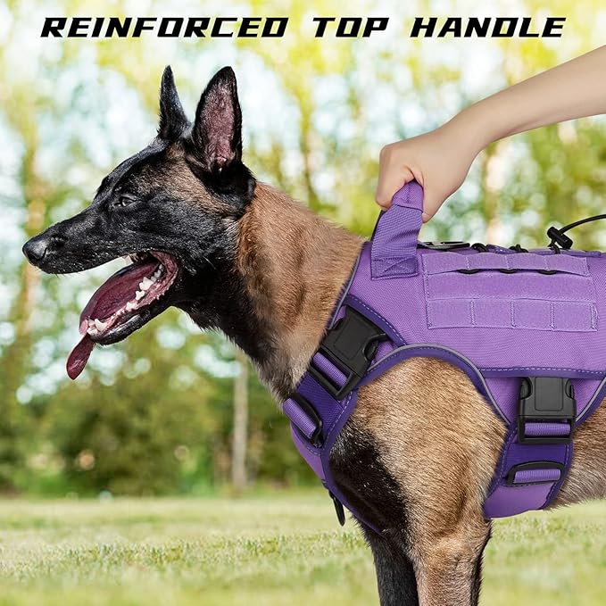 WINGOIN Purple Tactical Dog Harness with Handle Tactical Dog Harness for Large Dogs No Pull Adjustable Pet Harness Reflective K9 Military Service Dog Vest for Walking Hiking Training (L)