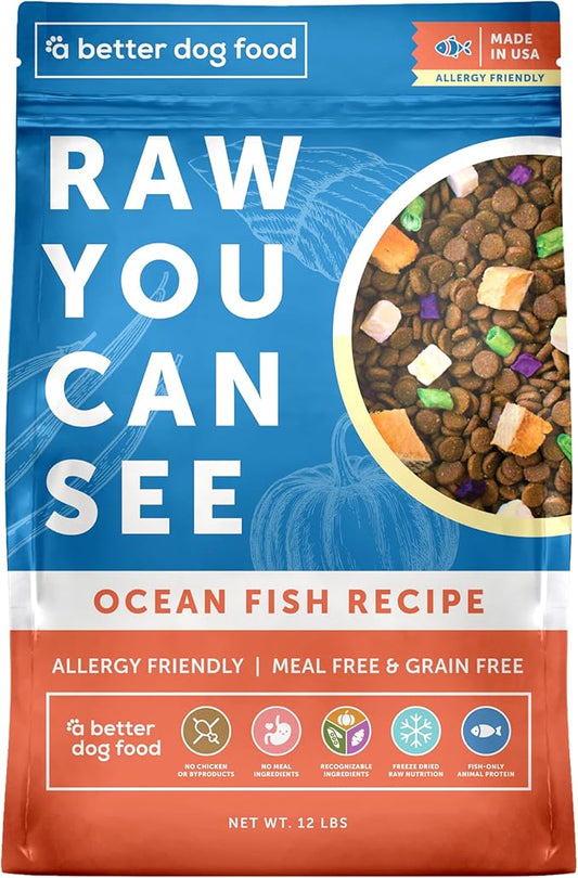 A Better Treat | Allergy Friendly Ocean Blend Dry Dog Food | Raw You Can See | No Chicken, No Grain, No Meal Ingredients | Fish Only Animal Protein |Stomach Soothing Kibble + Freeze Dried Raw Dog Food
