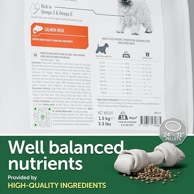 Nature's Protection Dry Dog Food for Small Breed - High Protein, Grain-Free Tear Stain Dog Kibble for White & Light Coated Adult Dogs (Superior Care - Salmon, 22 lb)