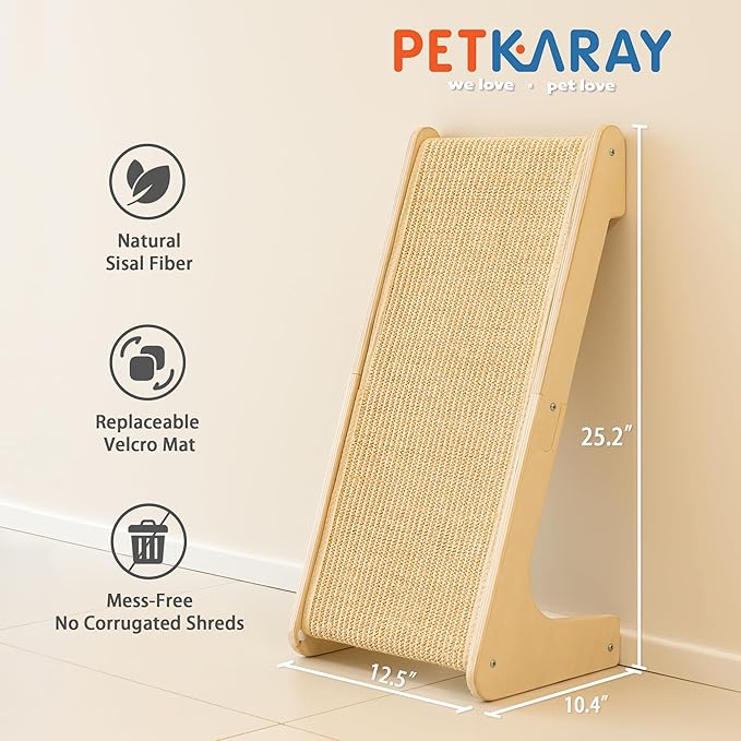 PETKARAY L Shape Cat Scratcher, Sisal Kitty Scratching Ramp, Vertical Scratch Pad for Indoor Cats, 25.2" Furniture Protector with Catnip, Classic