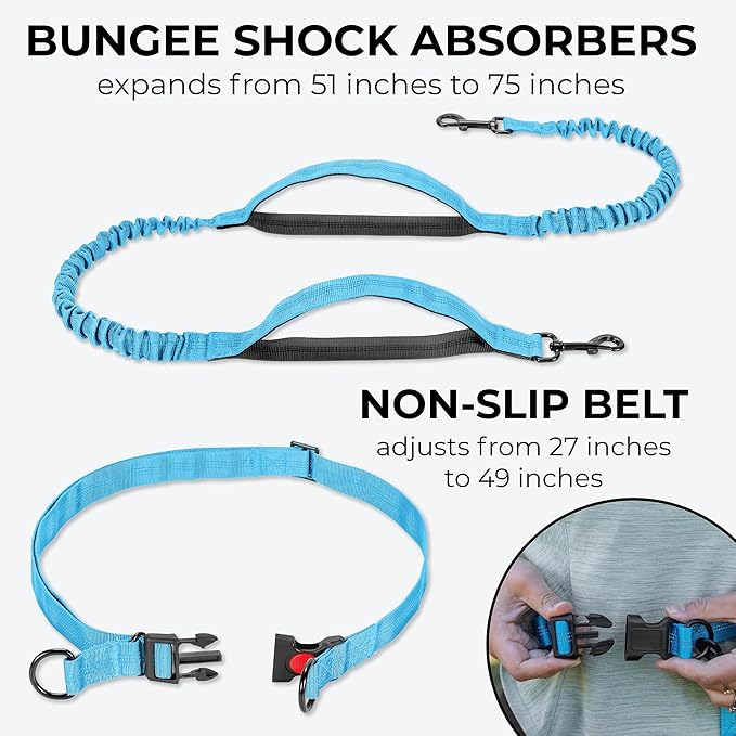 Squirrel Products Hands Free Dog Leash with Hip Belt/Crossbody Strap, Zipper Pouch, and Shock Absorbing Bungee for Walking or Jogging with pet (Blue, Black)