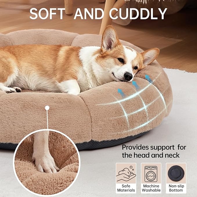 OhGeni 31 inches Calming Donut Orthopedic Dog & Cat Bed for Medium Pets, Warming Comfort Fluffy Short Pile Fur, Durable Waterproof Machine Washable Removable Cover, Cute Round Bed for Puppy, Camel