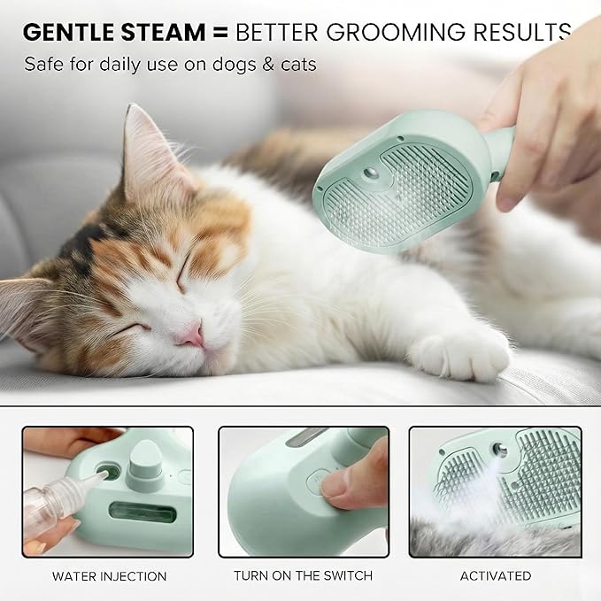 SHAZORY Pet Steam Brush for Dog & Cat - 3-in-1 Steam Grooming Brush for Shedding & Hair Removal - Self Cleaning Spray Comb with Mist for Long Haired Pets - Includes Water Refill Bottle - Green