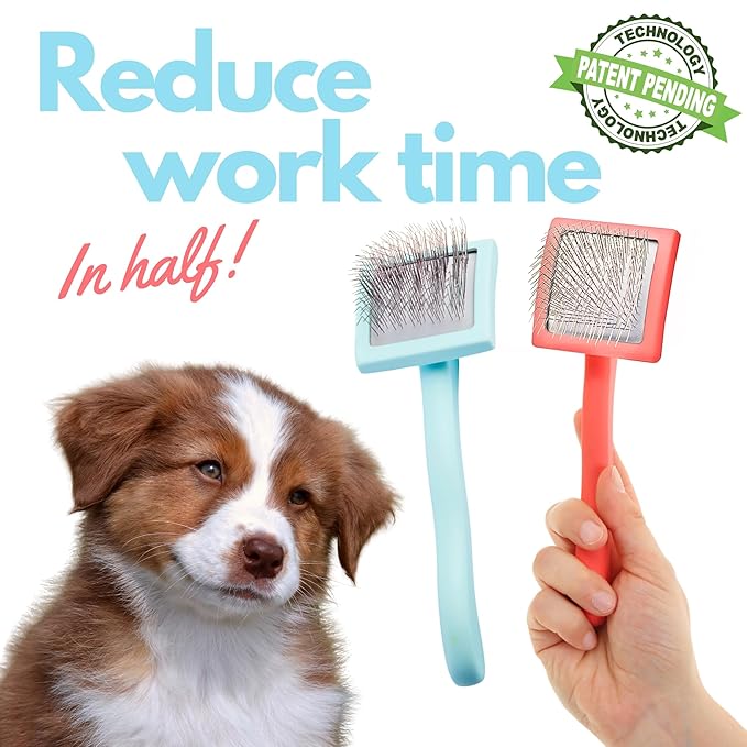 Pet Slicker Brush With Soft Massage Grooming Stainless Steel Pins - For Dematting, Shedding Fur, and Undercoat - Ideal Gift for Professional Pet Groomers - Long Slicker Brush (Blue, Curved Small)