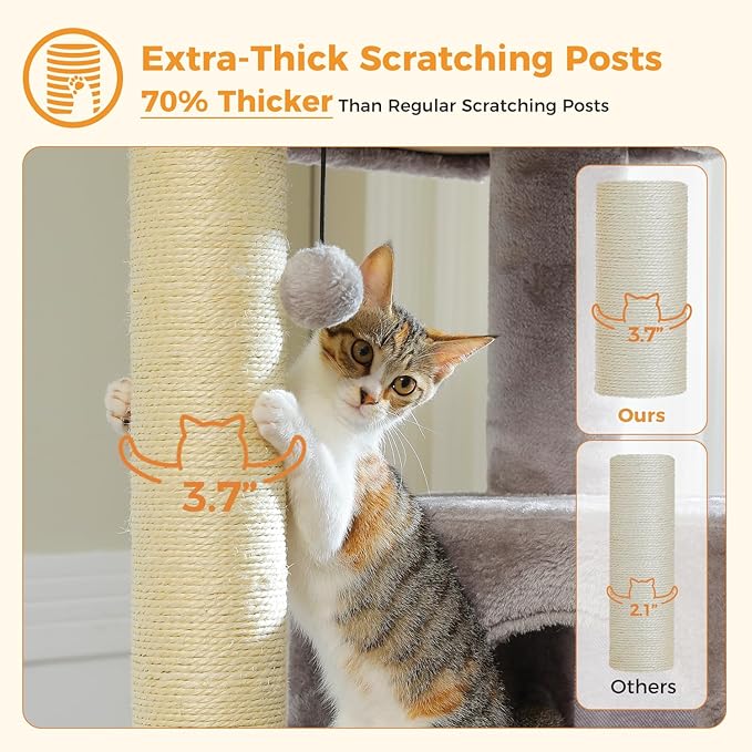 Large Cat Tree for Indoor Cats Large Adult, 57.8" Heavy Duty Cat Tower with Reinforced Scratching Posts (φ3.2in) and Plush Larger Hammock for Maine Coon & Big Cats, Supports 30lbs, Grey