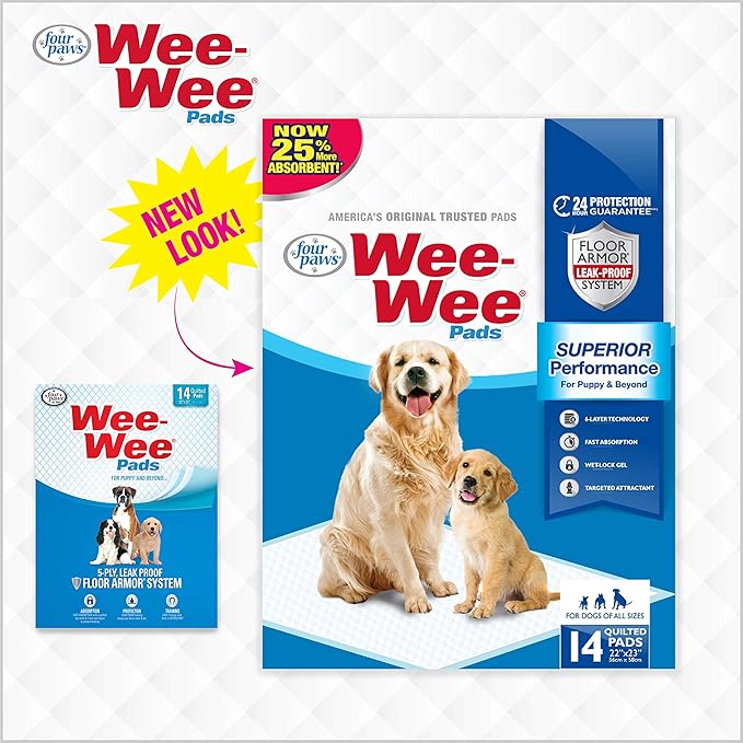 Four Paws Wee-Wee Superior Performance Unscented Pee Pads for Dogs & Puppies, Quilted Leak-Proof Dog Housebreaking Potty Training Floor Protection, 22" x 23", 14 Count