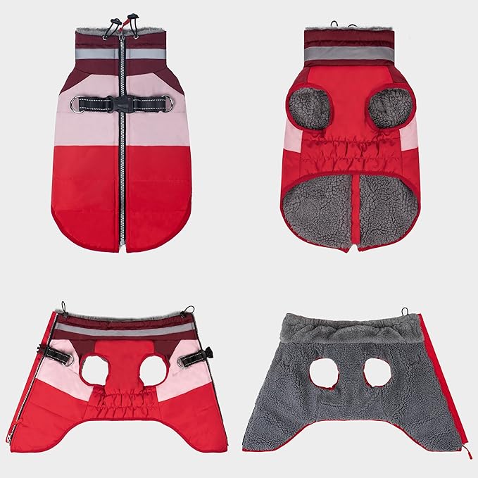 azuza Dog Jacket for Medium Dogs Waterproof Dog Coat with Reflective Strips and Harness Built in Warm Fleece Dogs Winter Coat Windproof with Back Zipper, Red XL