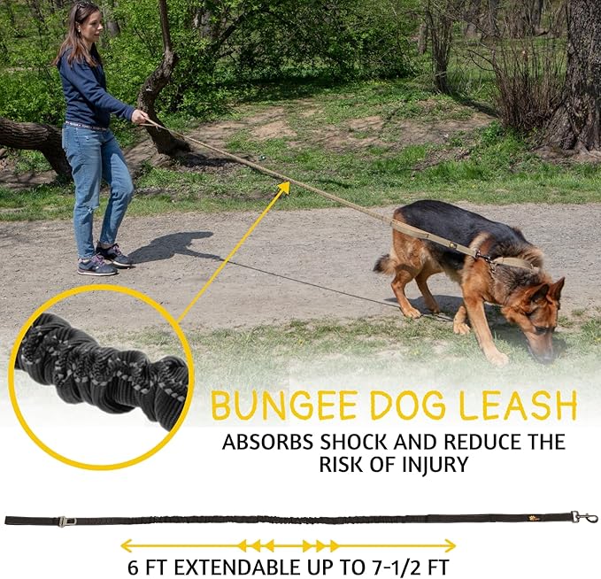 ADITYNA Tactical Bungee Dog Leash 6ft-7.5ft - Shock Absorbing Lead with 2 Padded Handles, Metal Clasp, Car Seatbelt - Heavy Duty No Pull for Medium, Large & XL Breeds