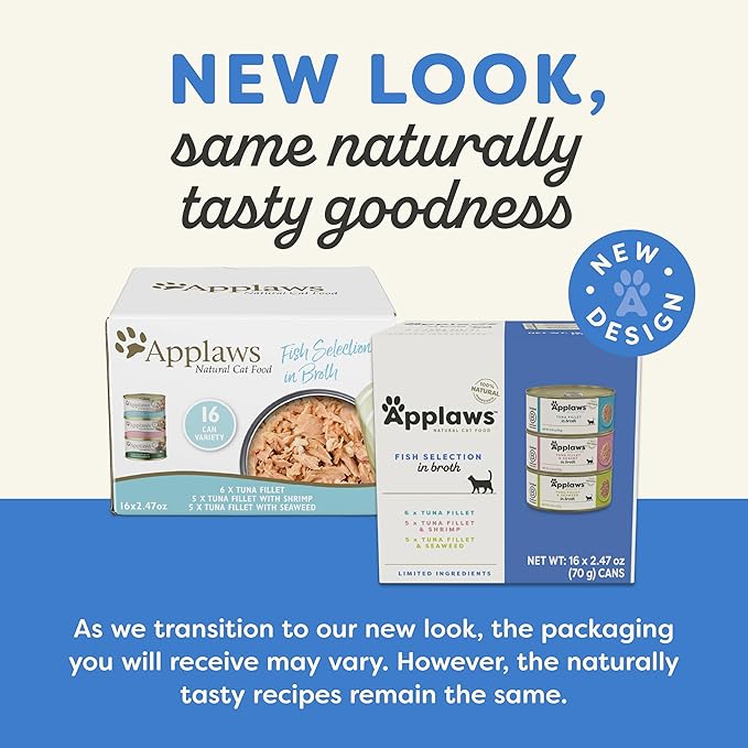 Applaws Natural Wet Canned Cat Food, Limited and Natural Ingredients, High Protein with No Artificial Additives, Fish Selection Variety Pack in Broth (16 x 2.47oz Cans)