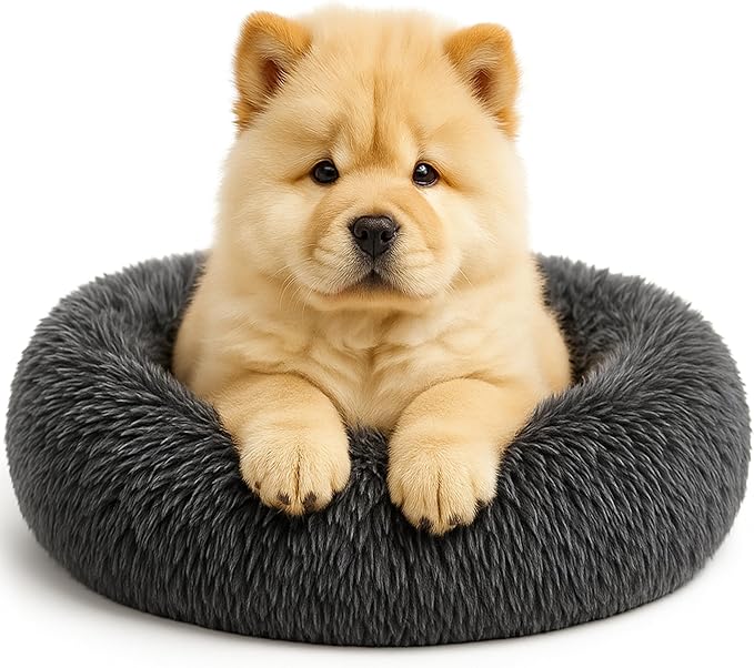 Calming Dog Bed - Fluffy Donut Cuddler for Anxiety Relief, Orthopedic Pet Bed with Non-Slip Bottom, Cozy Round Faux Fur Nest for Dogs and Cats, Plush Crate Mat for Comfort (Dark Grey, Small +)