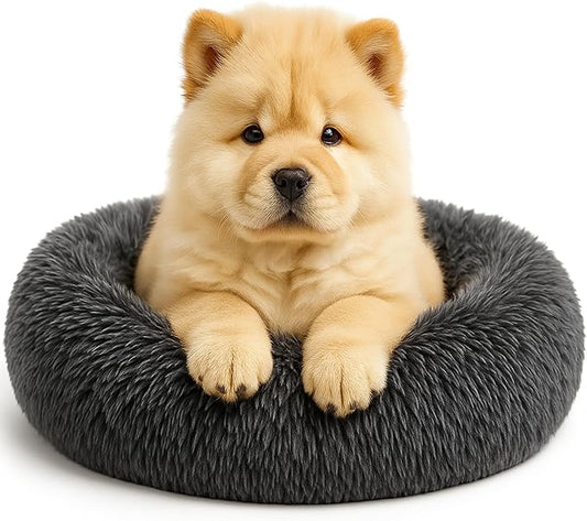 Calming Dog Bed - Fluffy Donut Cuddler for Anxiety Relief, Orthopedic Pet Bed with Non-Slip Bottom, Cozy Round Faux Fur Nest for Dogs and Cats, Plush Crate Mat for Comfort (Dark Grey, Small +)