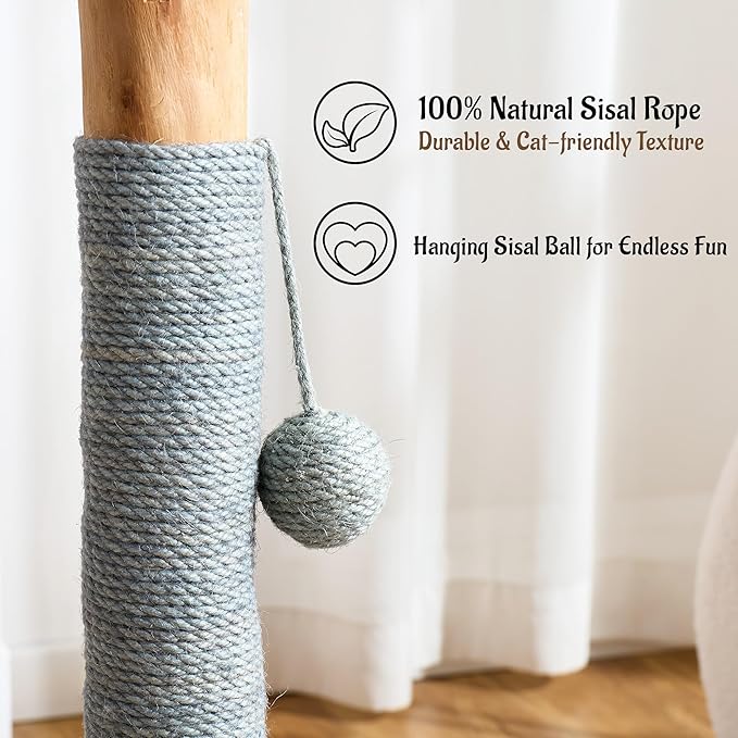 29" Tall Cat Scratching Post for Indoor Cats Adults, Extra-Stable & Natural Solid Wood Scratching Post Sisal Scratcher with Hanging Funny Ball, Gray