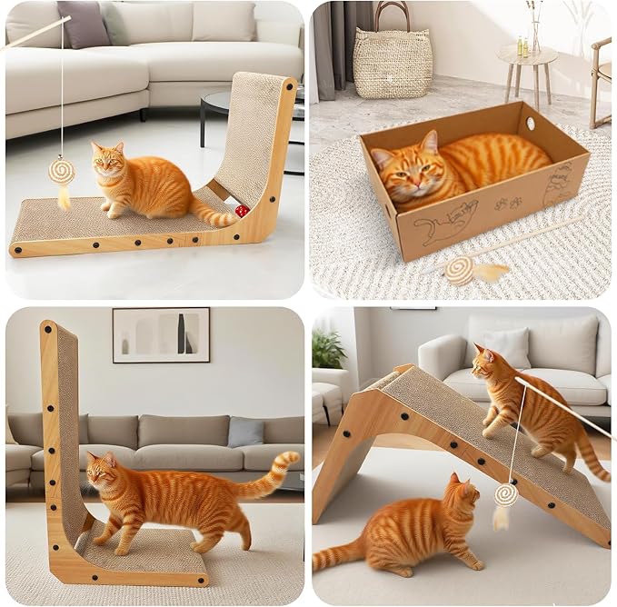 L-Shaped Cat Scratcher 2-in1 Scratching Board for Indoor Cats Protecting Furniture Cardboard Box Scratch Pad with Ball Toy Cats Scratching Posts with Cat Teaser