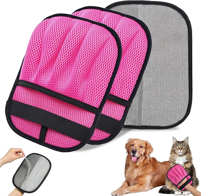 2Pcs Pet Hair Removal Gloves for Cats & Dogs: Upgraded Five-Finger Electrostatic Magic Brush | Reusable Pet Fur Remover Glove for Laundry, Couch, Carpet, Car Seats, Furniture & Clothing (Pink)