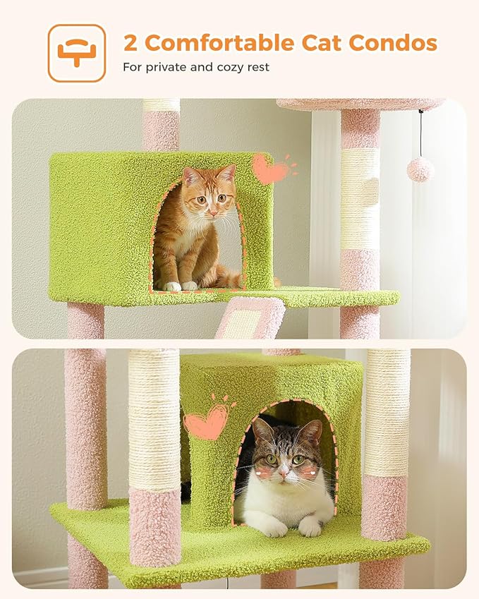 Flower Cat Tree, 70.9" Tall Tree for Indoor Cats, Large Tree for Large Cats, Multi-Level Tower with 6 Scratching Posts, 2 Condos, 2 Perches, Hammock, Pompoms, Pink