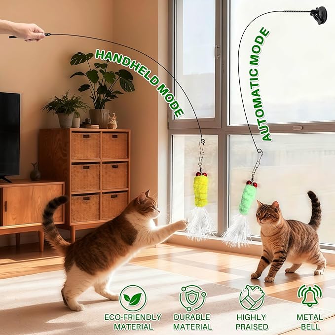 Cat Toys Interactive Teaser Wand, Feathered Fish Toy with Suction Cup Base, Realistic Fish & Feather Attachments for Multi-Cat Households, Perfect for Independent Play, Ideal for Cats & Kittens