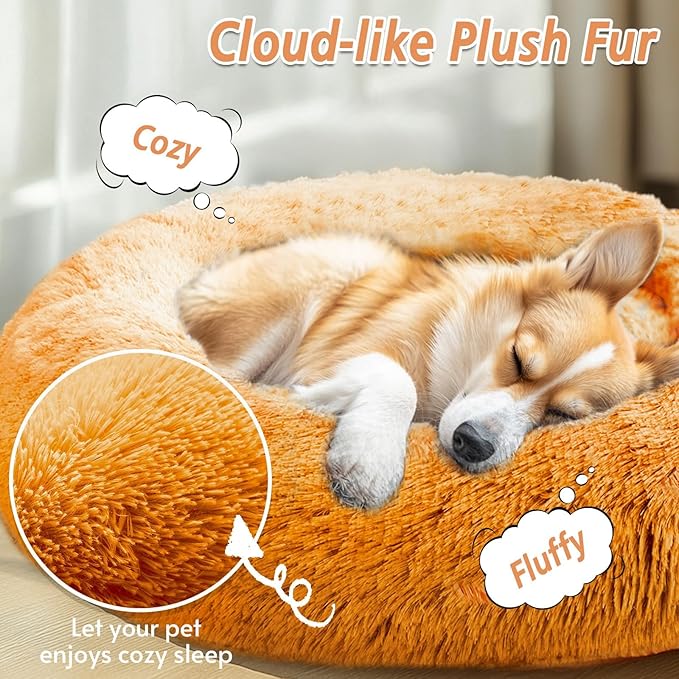 JOLLYVOGUE Calming Dog Bed Medium Size Dog, Anti-Anxiety Donut Medium Pet Bed, 27 inches Fluffy Faux Fur Round Cat Bed (Orange)