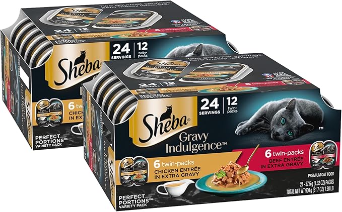 Sheba Gravy Indulgence Adult Wet Cat Food Beef and Chicken Entree in Extra Gravy Variety Pack, 2.6 oz. Twin-Pack Trays (12 Count, 24 Servings) (Pack of 2)