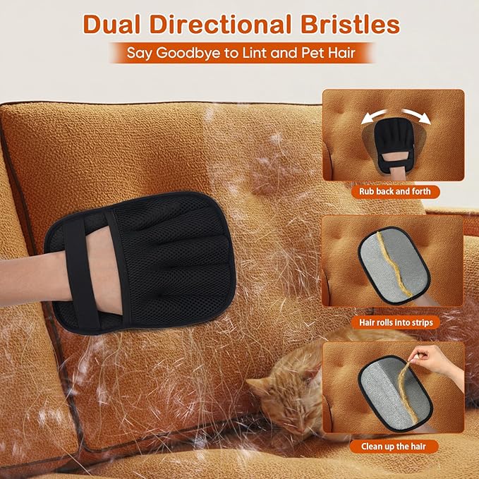 2Pcs Pet Hair Removal Gloves for Cats & Dogs: Upgraded Five-Finger Electrostatic Magic Brush | Reusable Pet Fur Remover Glove for Laundry, Couch, Carpet, Car Seats, Furniture & Clothing (Black)