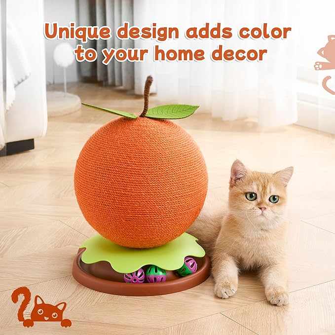 3-in-1 Modern Cat Ball Scratcher & Cat Toys for Indoor Cats/Kittens, Cute Orange/Frog/Bee Design with Bell Ball Track, Natural Sisal Cat Scratching Post, Space-Saving Interactive Cat Scratcher