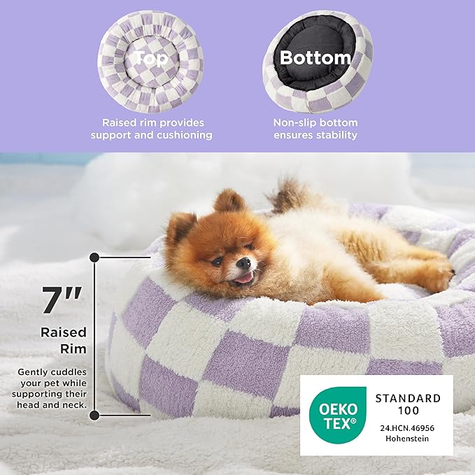LE SURE Donut Small Dog Bed - Round Cat Beds Indoor Anti-Anxiety Calming Gift for Pets, Cute Modern Beds with Jacquard Shaggy Plush & Anti Slip Bottom, 23 Inch, Purple