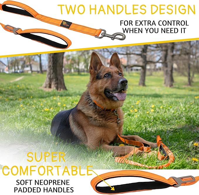 ADITYNA Tactical Bungee Dog Leash 6ft-7.5ft - Shock Absorbing Lead with 2 Padded Handles, Metal Clasp, Car Seatbelt - Heavy Duty No Pull for Medium, Large & XL Breeds