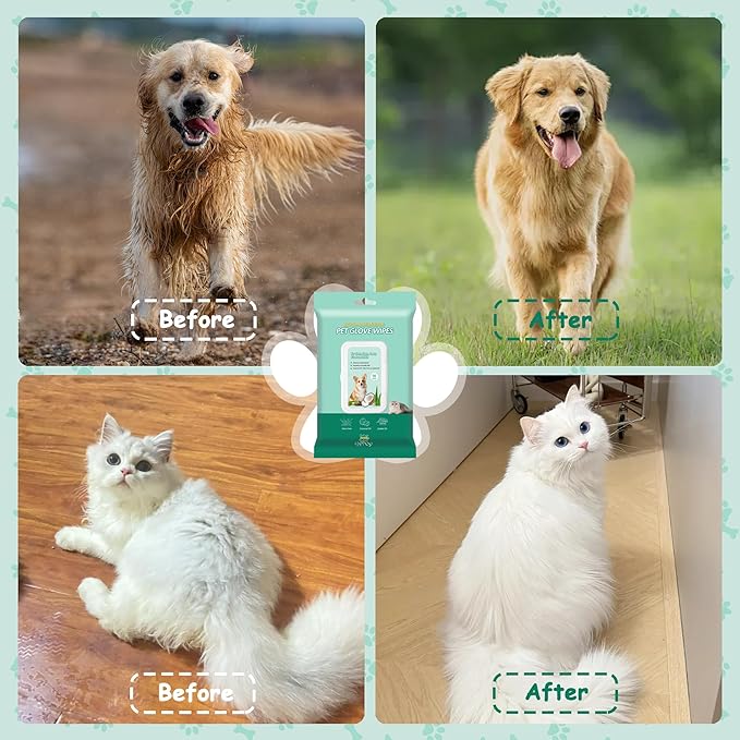 Pet Cleaning and Deodorizing Bathing Grooming Glove Wipes for Dogs and Cats, Extra Thick Nourish Fur No-Rinse Grooming Wipes for Daily Care and Travel, Hypoallergenic, 30 pcs