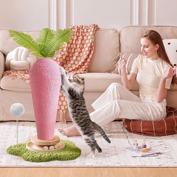 Cute Cat Scratching Post, Carrot Cat Scratcher Post with Durable Natural Wooden Turntable Toy and Catnip, 24'‘ H Carrot Shape Design Sisal Cat Tree Sisal Scratcher for Indoor Cats (Cloud Base)