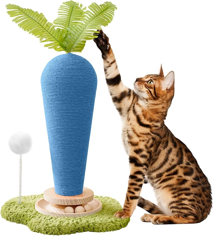 Cute Cat Scratching Post, Carrot Cat Scratcher Post with Durable Natural Wooden Turntable Toy and Catnip, 24'‘ H Blue Carrot Shape Design Sisal Cat Tree Sisal Scratcher for Indoor Cats (Cloud Base)