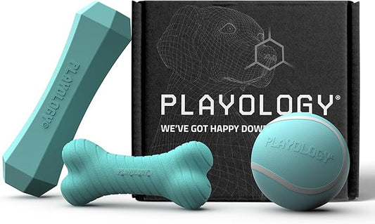 Playology Dog Toys | Variety Gift Box Set of Toys for Large Dogs | Jumbo Peanut Butter Scented Dual Layer Bone, Squeaky Chew Ball, and Chew Stick - Easy to Clean and Made from Non Toxic Material